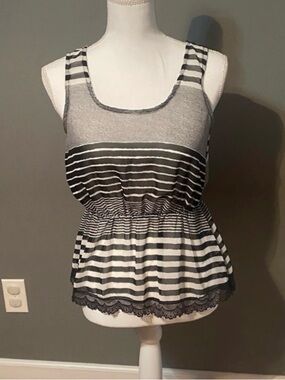Deb Black and White Striped Peplum Lace-Trim Tank